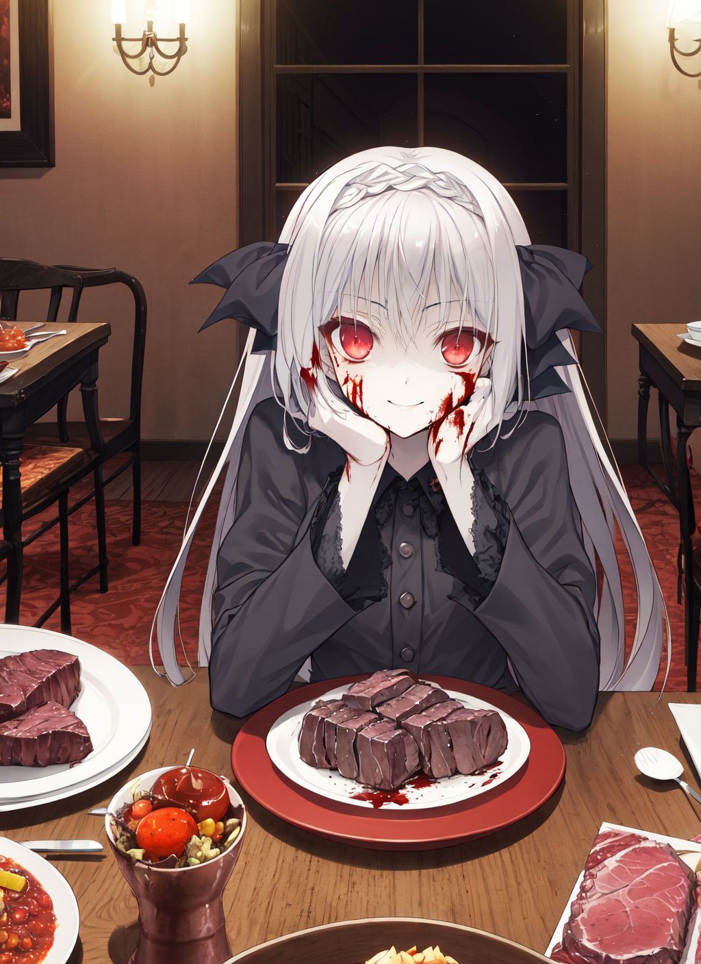 41343-1d580ca4a7,DPM++ 2M Karras Test,1586655508,7,20,(creepy_1.2),dark,_1girl,sakurakouji-luna,_head_rest,__,smile,____dinner,blood,__table,_beef,meat,___at_home,dinning_room,_pov,_,.png